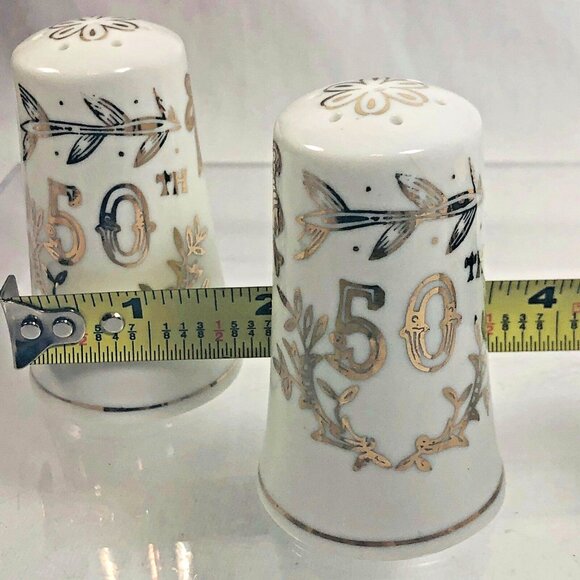 Vintage Lefton 50th Anniversary Salt and Pepper Shaker Set White Gold Trim 1955 - Picture 4 of 11